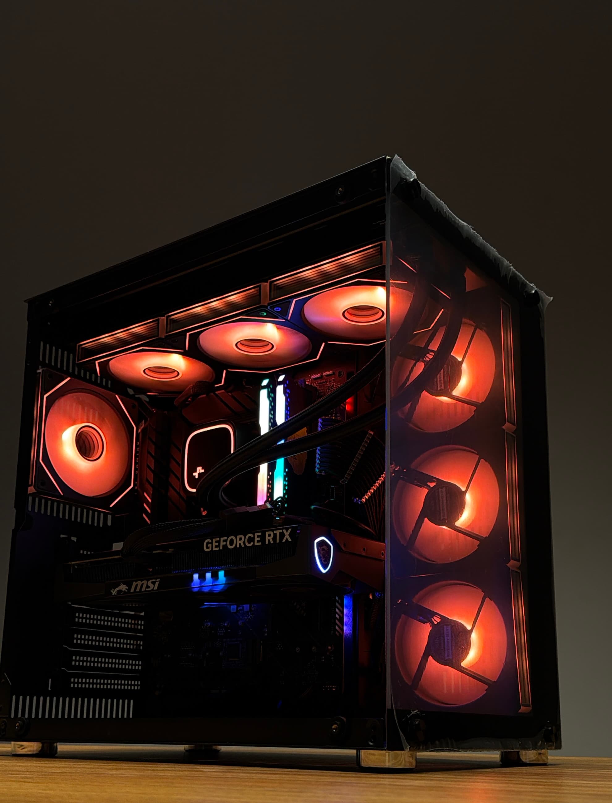 Orange gaming tower — alternate angle